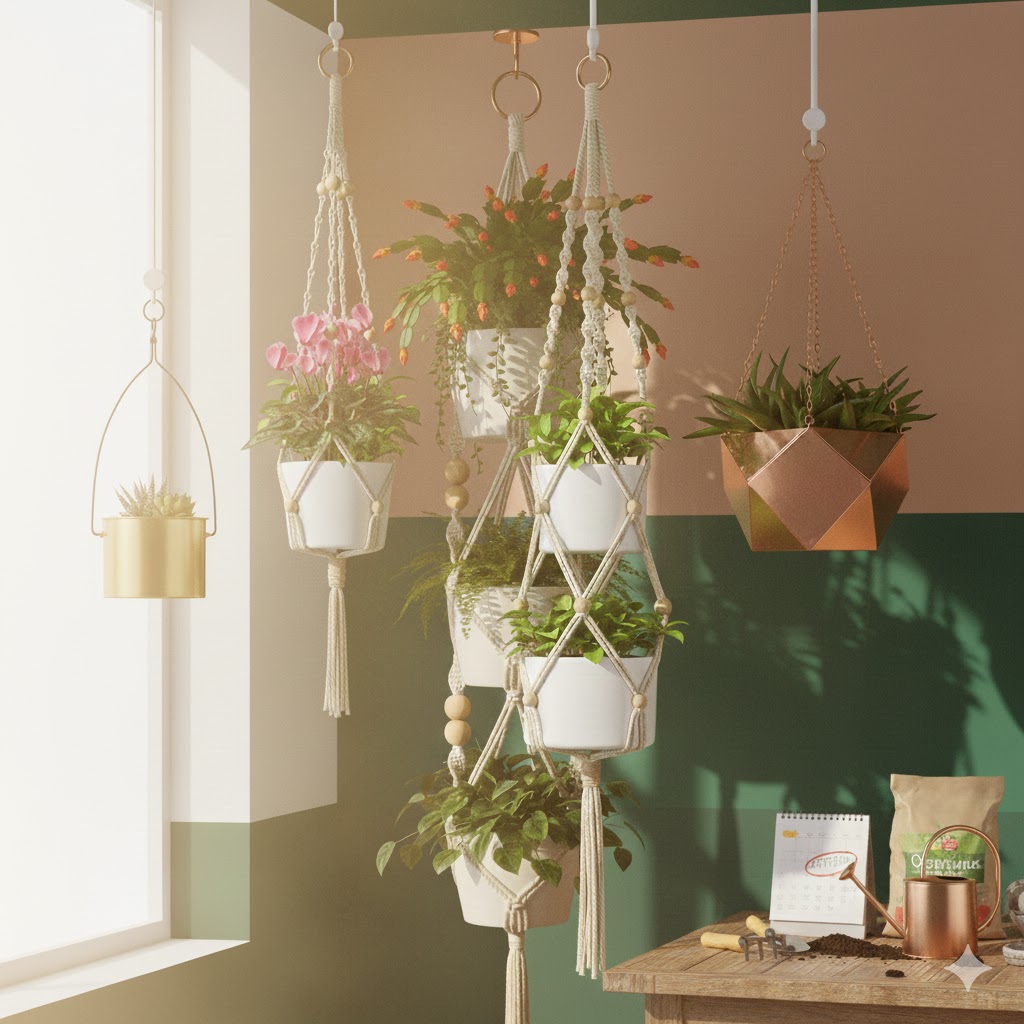 Hanging plants positioned for optimal light exposure