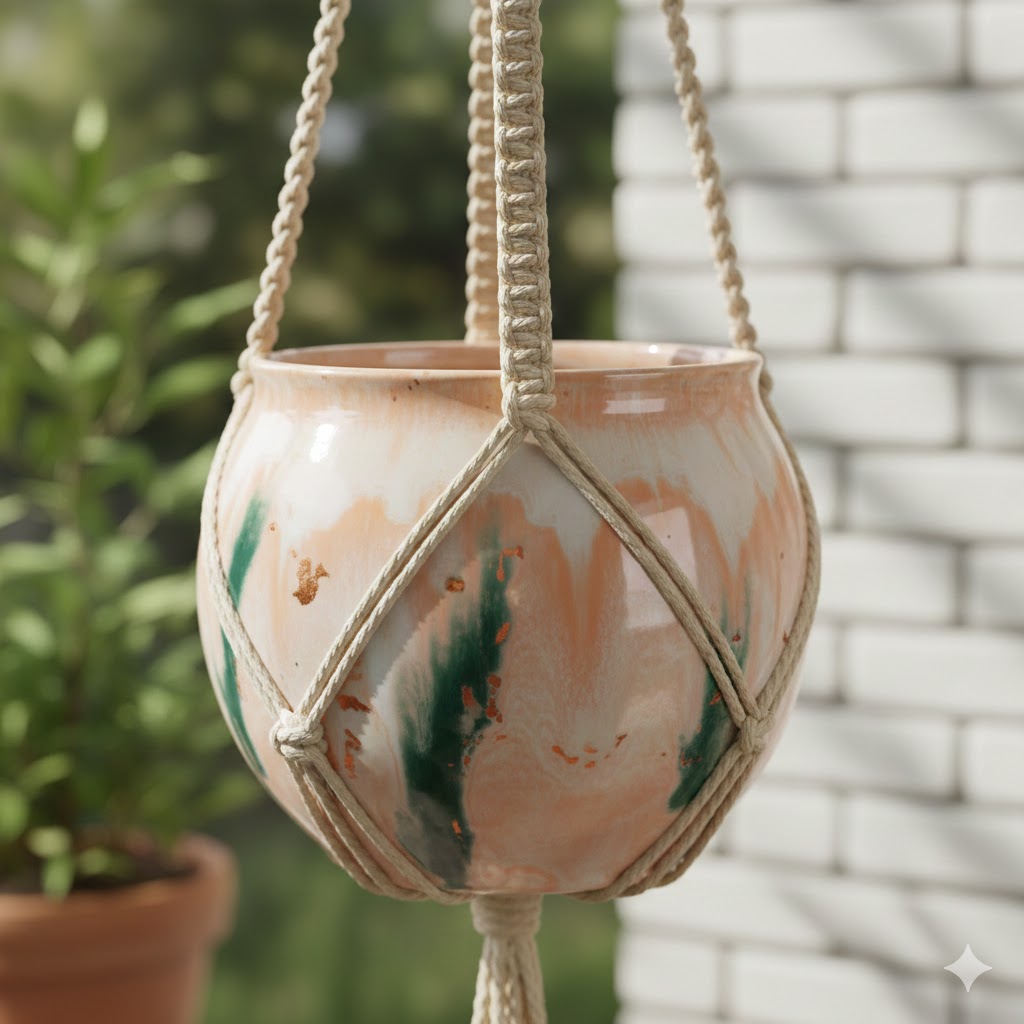 Glazed ceramic hanging pot in soft pastel