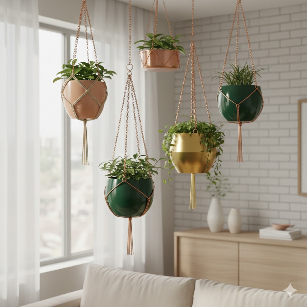 Well-balanced arrangement of hanging pots at different heights