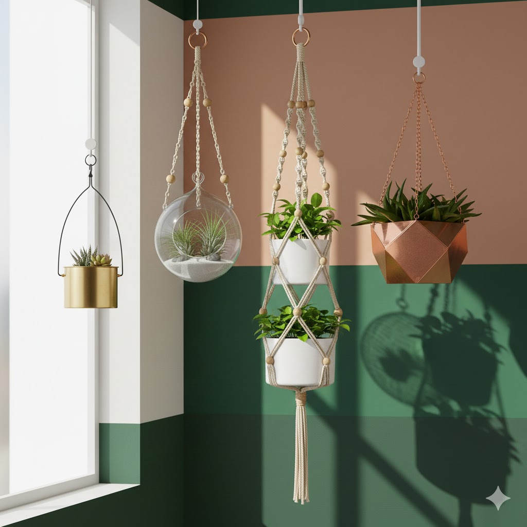Color-coordinated hanging pots matching room decor