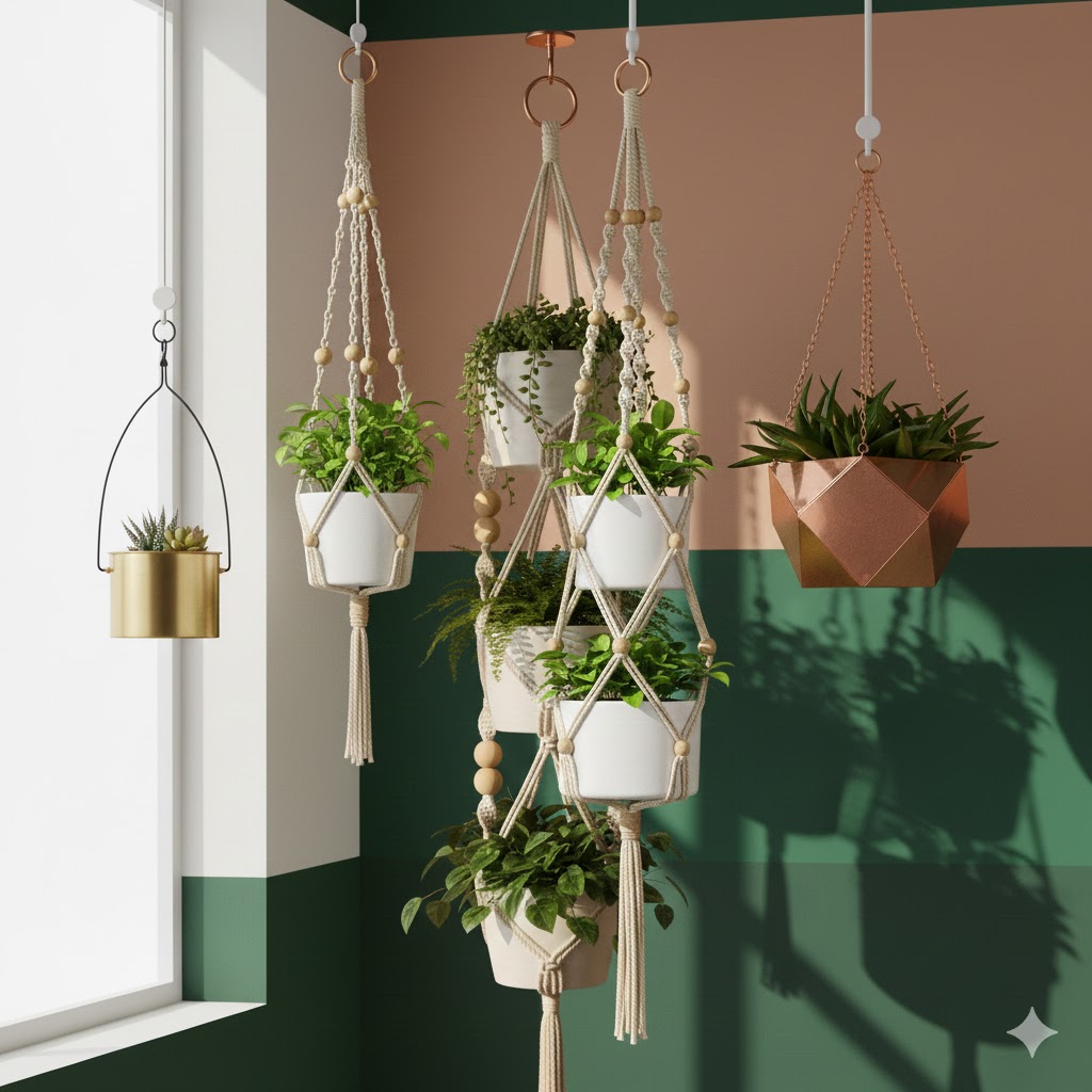 Mixed material hanging pots creating eclectic style