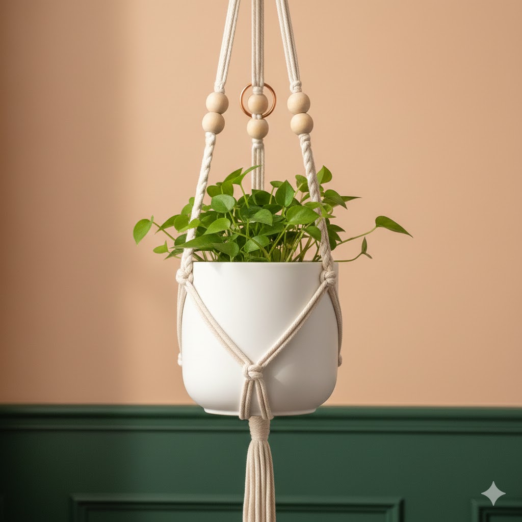 Short macrame hanger with wooden beads