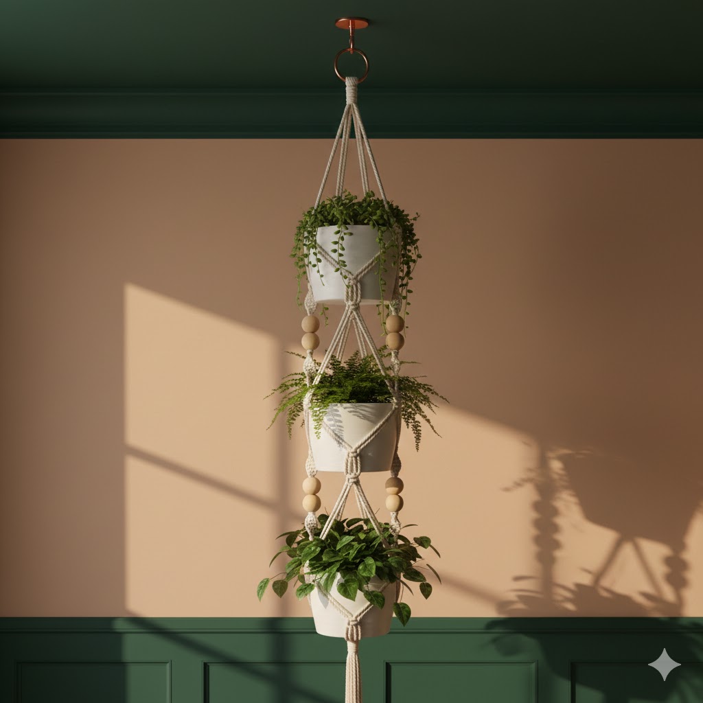 Multi-tier macrame hanger for multiple plants