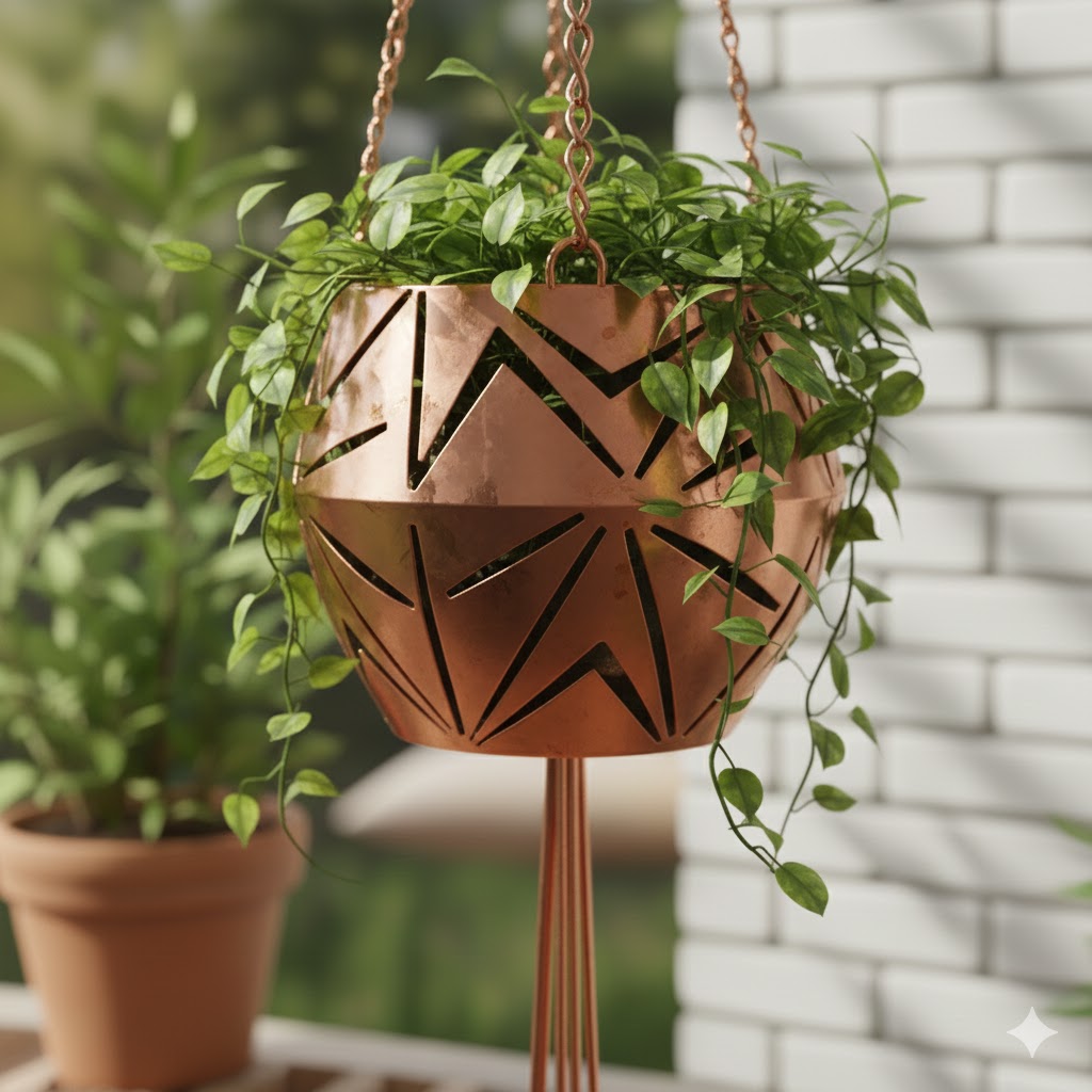 Copper hanging planter with geometric pattern